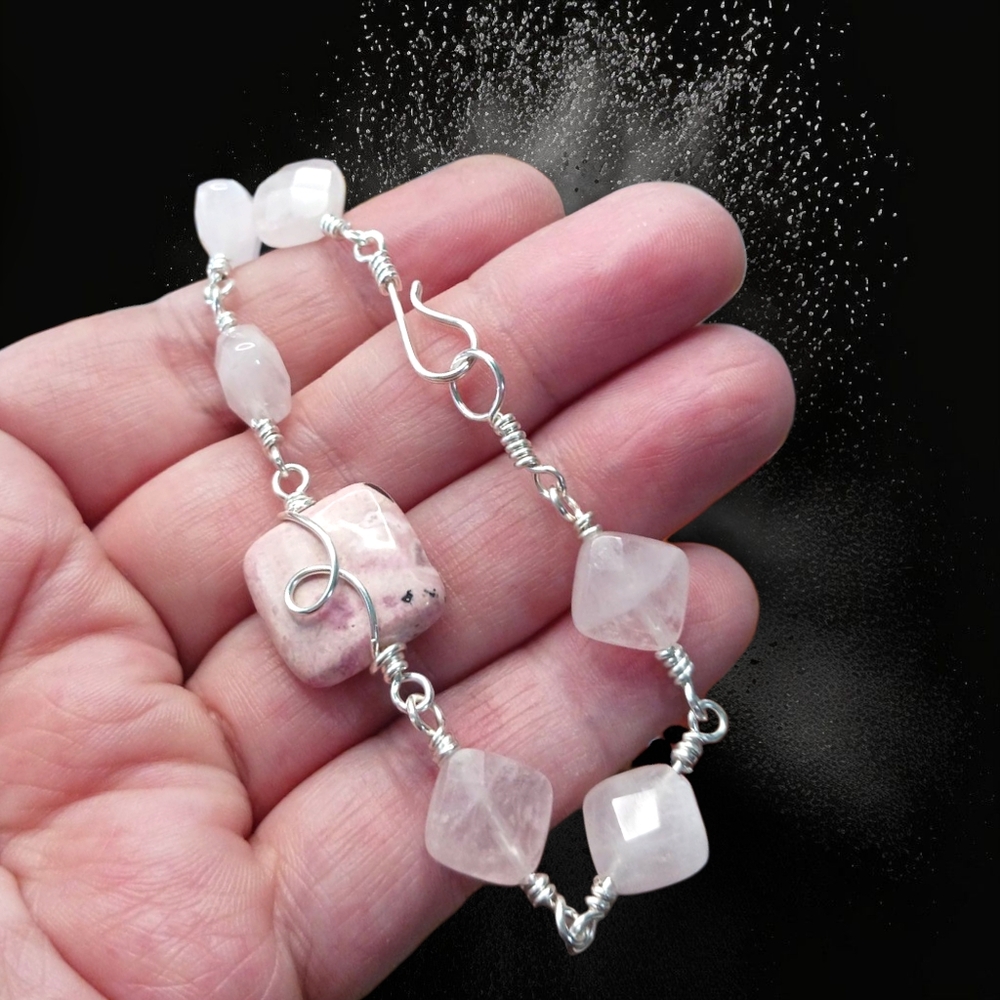 Artisan Peruvian Rhodonite and Rose Quartz Bracelet - Handcrafted w/ Fine Silver
